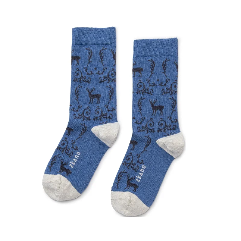 Weekend Discounts to Grab Deer Toile - Organic Cotton Crew Socks - Cornflower