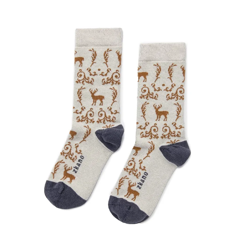 Act Now Deer Toile - Organic Cotton Crew Socks - Wheat
