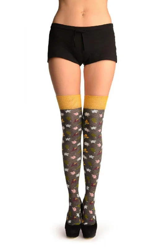 Weekend Deals to Make You Happy Grey With Autumn Leaves Over The Knee Socks