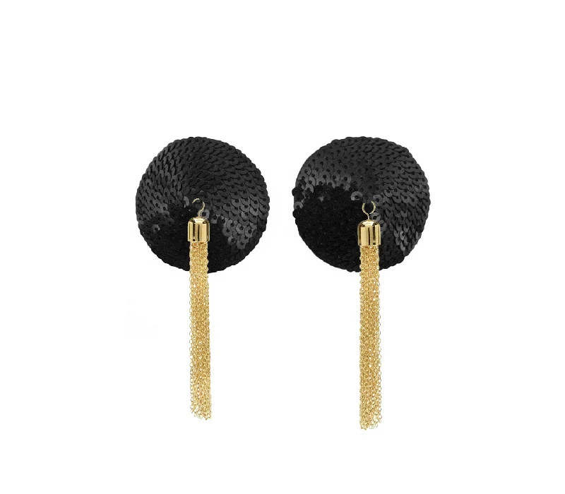 Value Deals Love in Leather Burlesque Series Black Round Sequin Reusable Nipple Pasties with Gold Chain Tassels