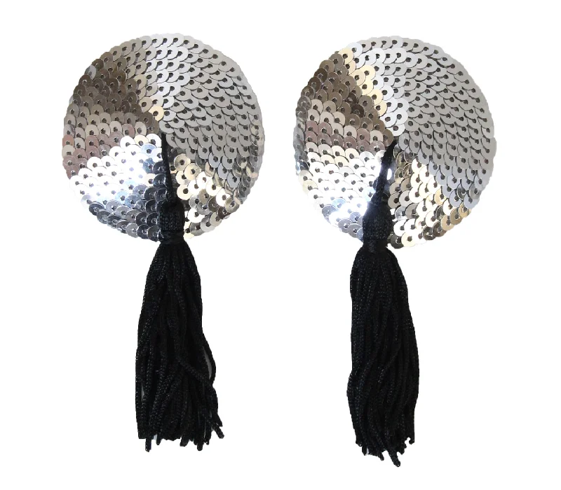 Weekend Deal Love in Leather Burlesque Series Silver Round Sequin Reusable Nipple Pasties with Black Tassels