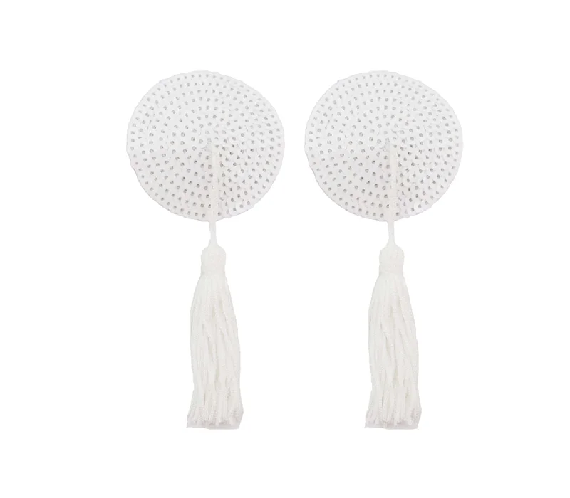 Shop the Weekend Away Love in Leather Burlesque Series White Round Sequin Reusable Nipple Pasties with White Tassels