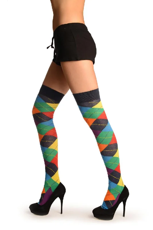 Weekend Specials You Can't Miss Orange, Purple, Green, Red & Blue Argyle Over The Knee Socks