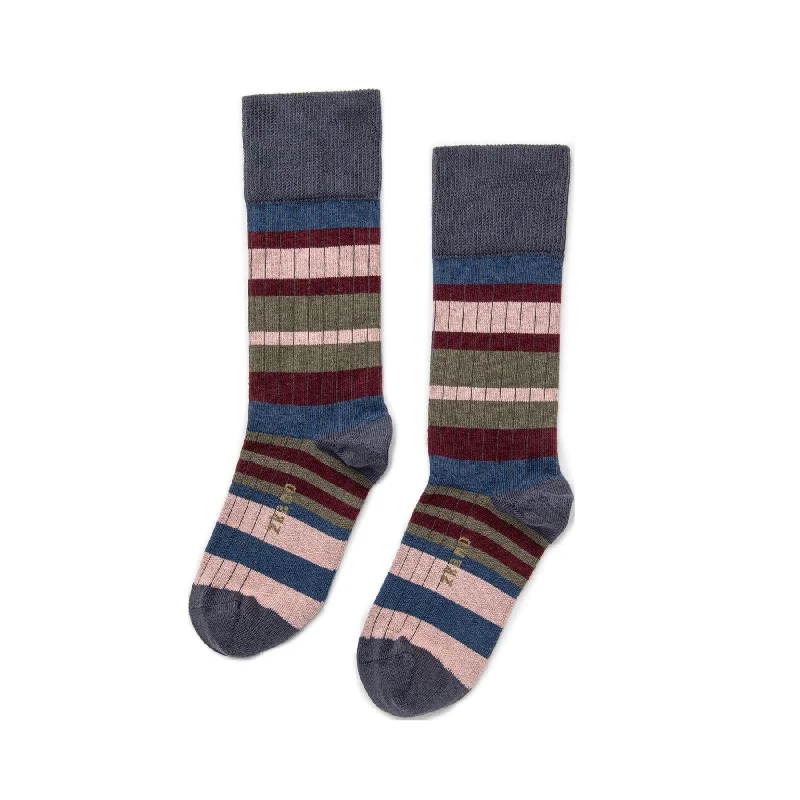 Pay Less Sweater Stripe - Organic Cotton Ribbed Crew Socks - Indigo