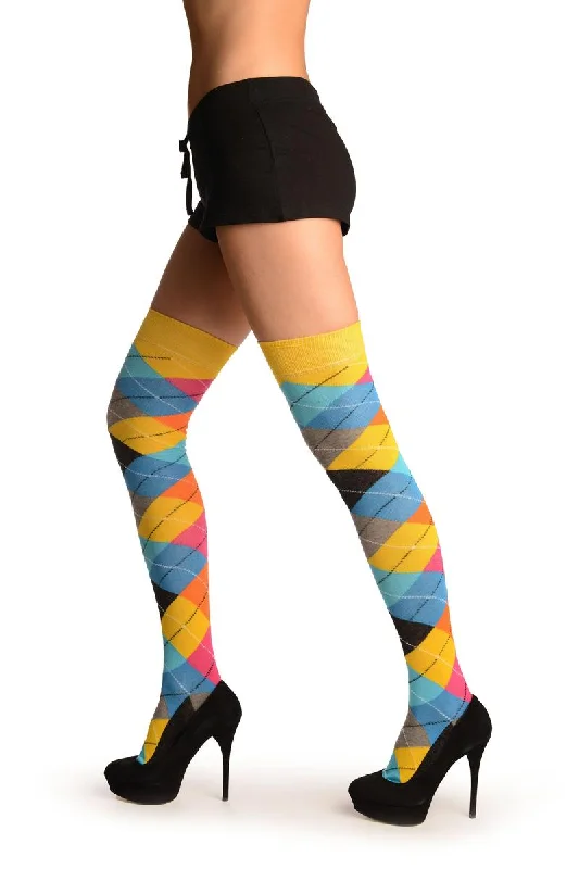 Weekend Savings Sensation Yellow, Orange, Grey, Blue & Black Argyle Over The Knee Socks